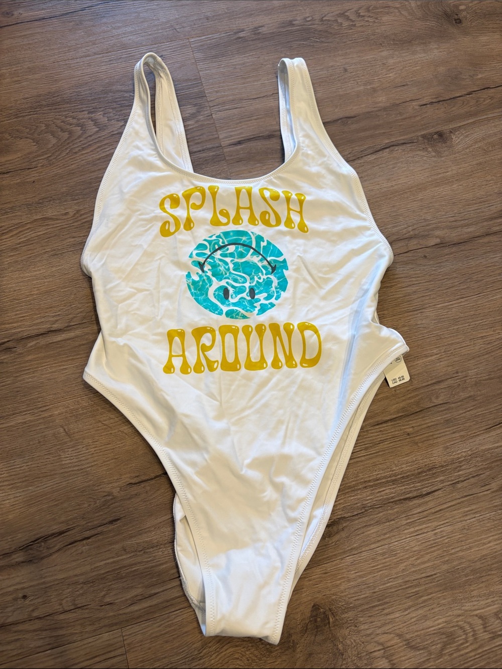 aerie White One-Piece Swimsuit with Yellow 'Splash Around' and Teal Graphic